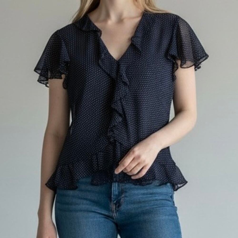 Lauren Ralph Lauren Ruffle Polka Dot 100% Silk Blouse Women’s 8 Navy Blue